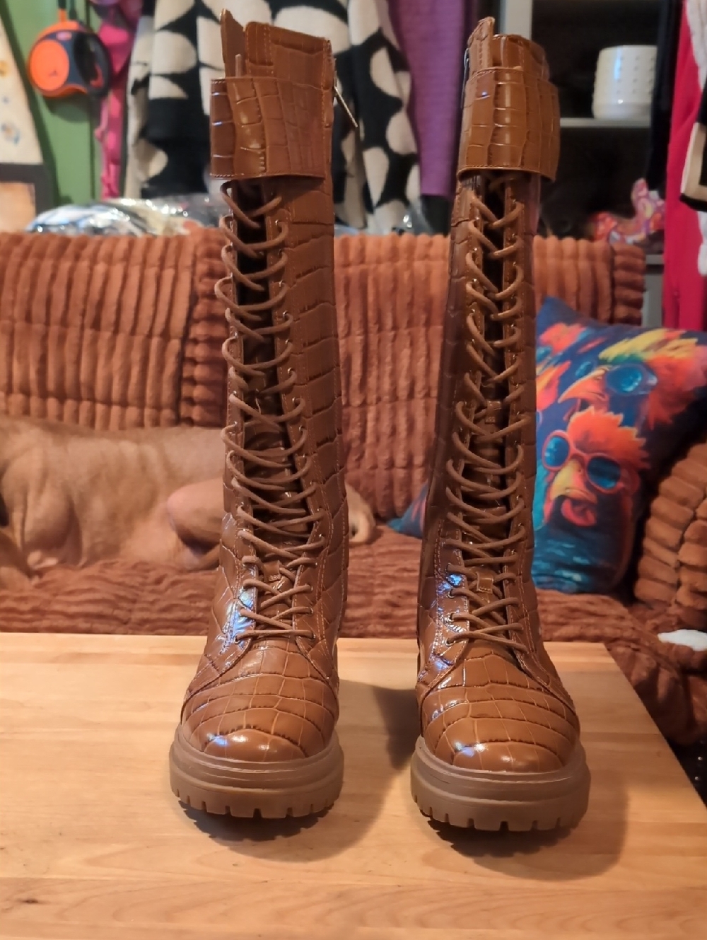 Michael Kors Tan Croc-Embossed Lace-Up Tall Boots